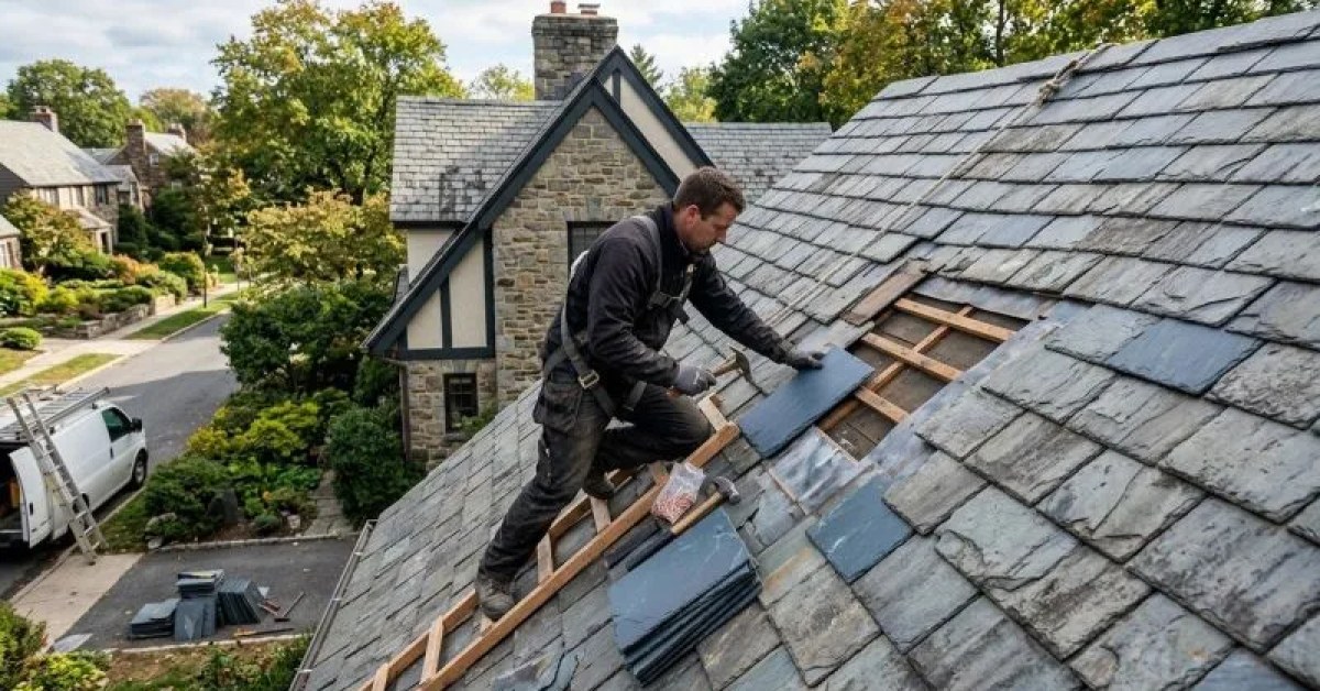 Slate roof on a residential home needing repair